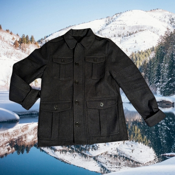 Express black wool blend military style warm Cargo Pockets Winter peacoat sz S - Picture 8 of 10